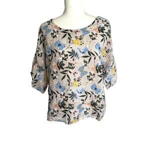 Viola Borghi Women 100% Linen Top Ruffle Floral Butterfly 3/4 Sleeve Italy Sz M